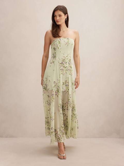 Ever New Kimora Strapless Midi Dress (Category: Dresses) located in Makati City. Submitted by f.oxales (Listing ID 1449352827, Image 3). Description: BRAND NEW (only worn to try on) - Beautiful light green midi dress - Delicate floral print - Strapless design or can be worn with spaghetti straps - Flowy and airy fabric - Ideal for events or a summer day out - Please check photos for detailed print and style Super pretty in person 🥹 Perfect for s