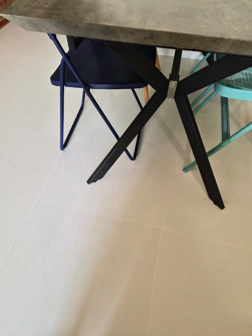 Extendable Dining Table (Category: Tables & Sets) located in Singapore. Submitted by windy80 (Listing ID 1449327968, Image 2). Description: - 1.4m extenable Dining table with stylish concrete-look top, some peeling off (not for fussy) - Sturdy black metal table legs - can take the 3 green chairs if you want, some parts rusty - collect on 1 or 2 Aug, arrange own delivery.
