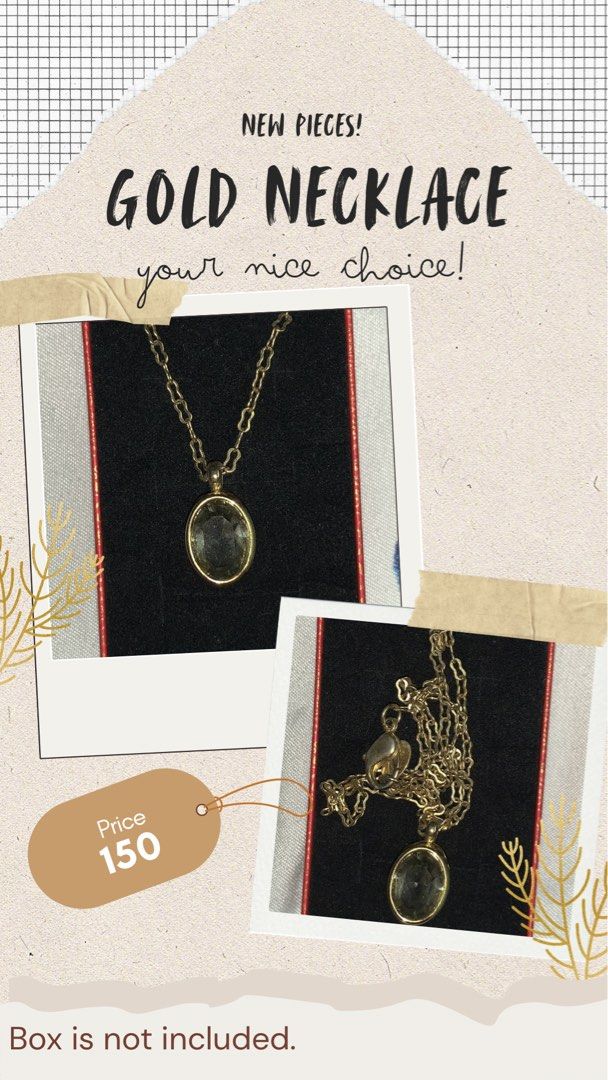 Gold Necklace with Oval Pendant (Category: Necklaces) located in Dasmarinas. Submitted by swiftstar_ce788c (Listing ID 1449396043, Image 1). Description: - Brand new gold necklace - Features a delicate chain - Oval-cut pendant with a light yellowish-green hue - Price: 150 - Box not included.