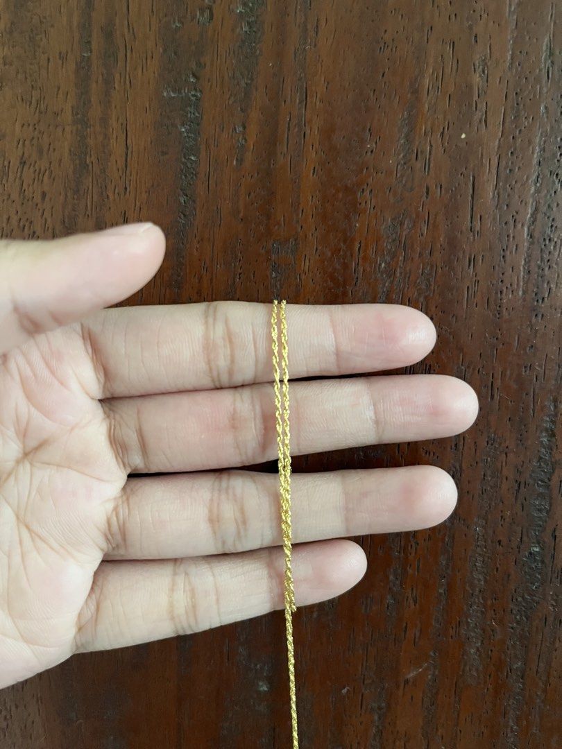 18k Saudi Gold Rope Chain (Category: Necklaces) located in Batangas. Submitted by reirei01 (Listing ID 1449330096, Image 2). Description: - 18k 17” lightweight solid rope chain (bright yellow color) - Saudi Gold with markings (photo upon request) - 0.44g - Used twice, no issues - available unless marked sold - NO asking of LAST PRICE.