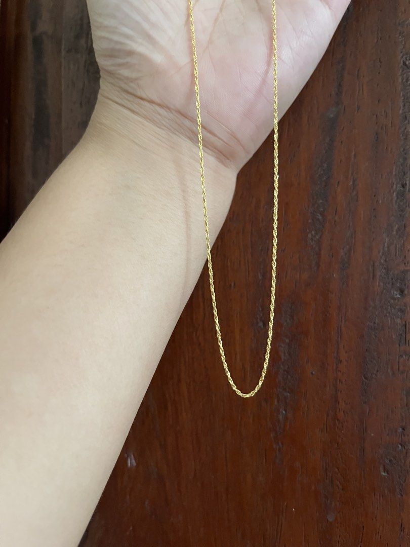 18k Saudi Gold Rope Chain (Category: Necklaces) located in Batangas. Submitted by reirei01 (Listing ID 1449330096, Image 3). Description: - 18k 17” lightweight solid rope chain (bright yellow color) - Saudi Gold with markings (photo upon request) - 0.44g - Used twice, no issues - available unless marked sold - NO asking of LAST PRICE.