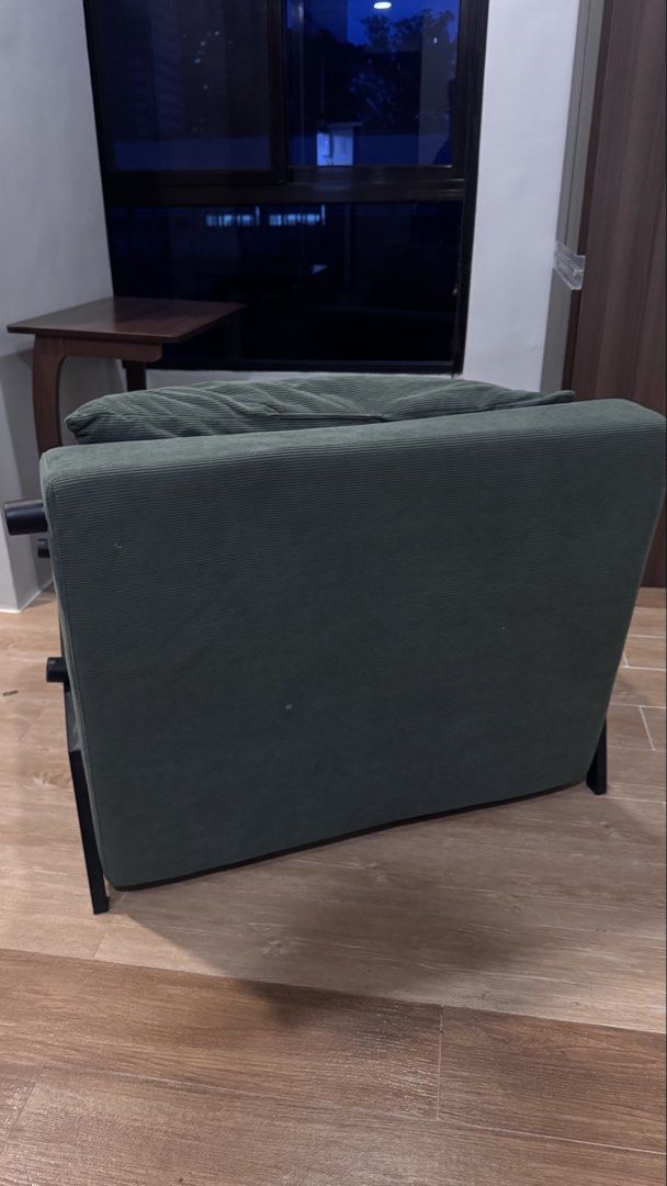 Green Corduroy Sofa Bed with Pillow (Category: Sofas) located in Quezon City. Submitted by ashireo (Listing ID 1449532122, Image 3). Description: - Green corduroy sofa bed - Converts easily into a bed - Includes a matching pillow - Ideal for small apartments or guest rooms - Features a sturdy black metal frame - Soft and comfortable fabric Price negotiable.