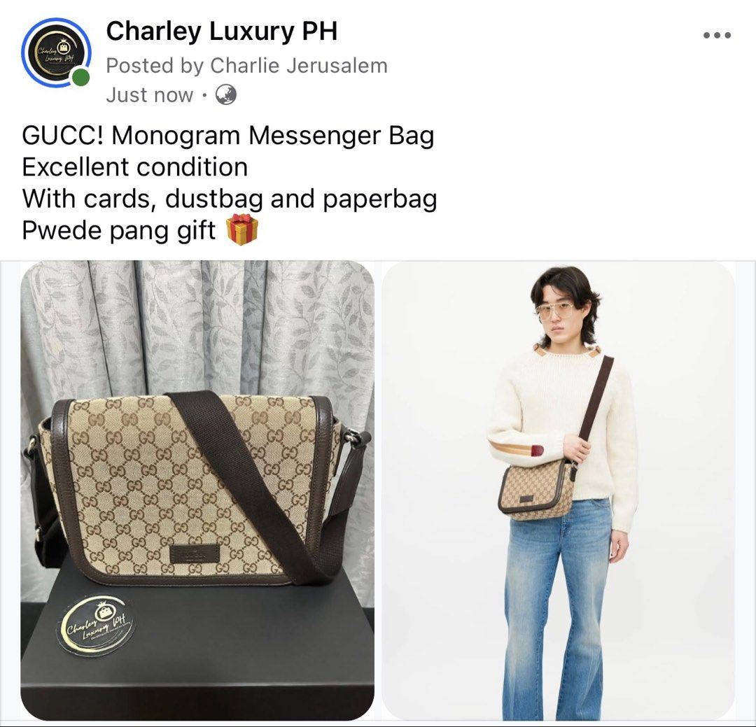 GUCCI Monogram Messenger Bag (Category: Luxury Bags & Wallets) located in Malabon City. Submitted by charleyluxuryph (Listing ID 1449517517, Image 1). Description: - Authentic GUCCI Monogram Messenger Bag - Comes with original cards, dustbag, and paperbag - Perfect for gifting.