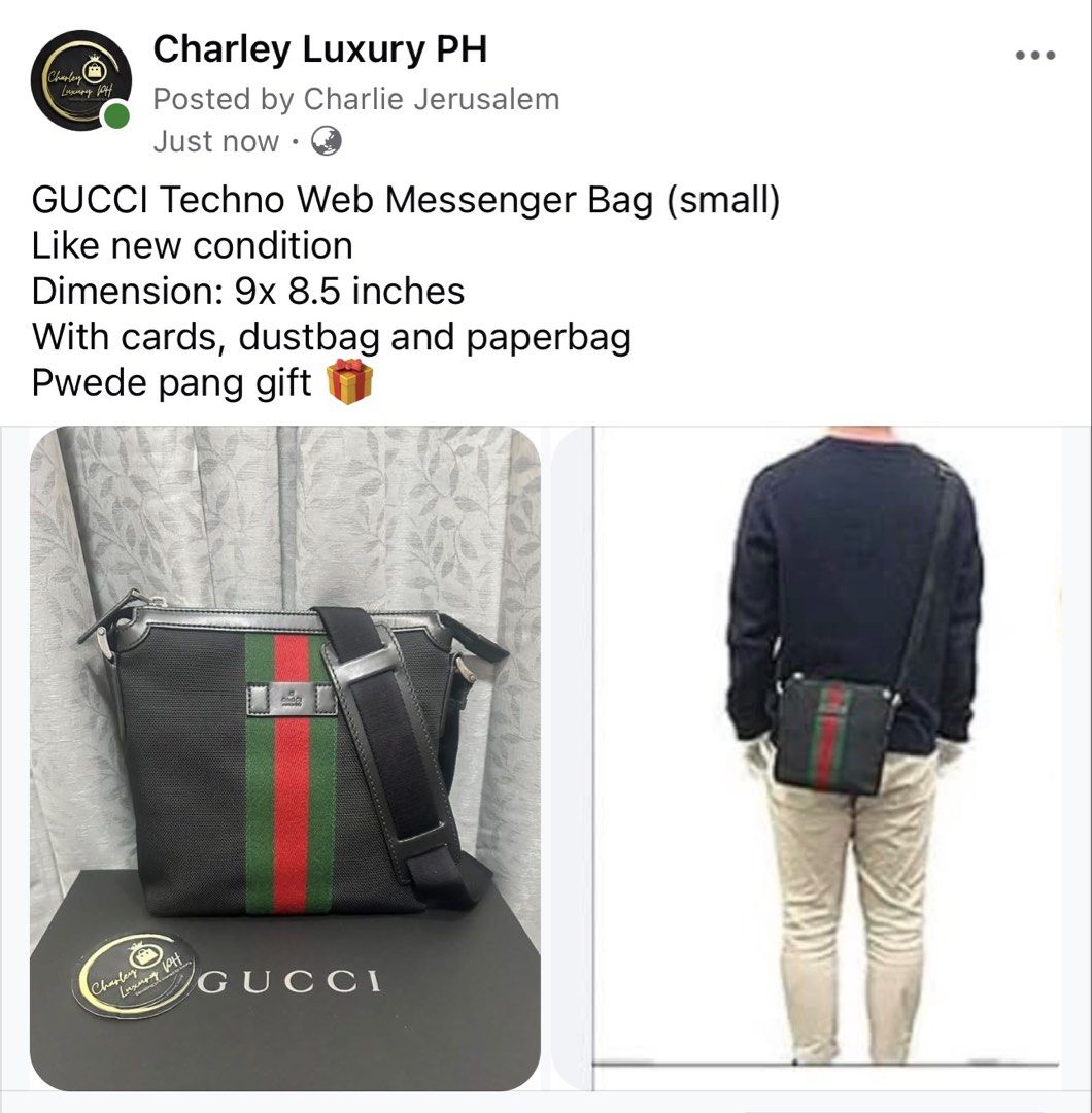 GUCCI Techno Web Messenger Bag (small) (Category: Luxury Bags & Wallets) located in Malabon City. Submitted by charleyluxuryph (Listing ID 1449517483, Image 1). Description: - Authentic Gucci Techno Web Messenger Bag - Small size - Color: Black with iconic green and red web stripe - Dimensions: 9 x 8.5 inches - Includes: Cards, dustbag, and paperbag - Ideal for gifting.