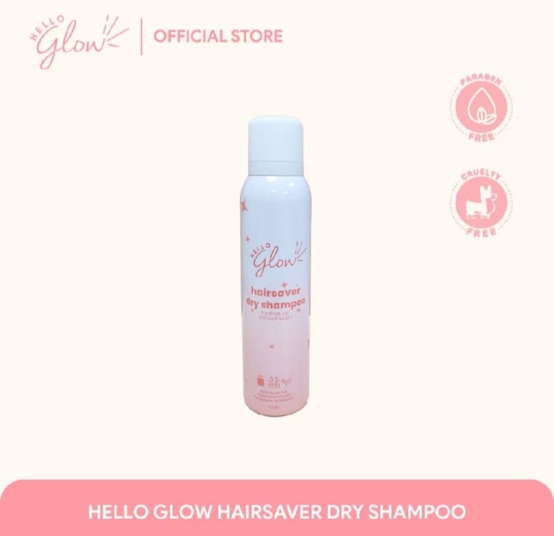 Hello Glow Hairsaver Dry Shampoo 150ml (Category: Hair) located in Pasig City. Submitted by camala (Listing ID 1449434119, Image 1). Description: New. Original price 300 Paraben free, cruelty free Quickly freshen up at any time of the day with hello Glow Hairsaver dry shampoo it helps absorb the dirt,oil and grease of your scalp without washing. It also helps add volume and extend the hold of a hairstyle, nourish the hair in humid conditions, and
