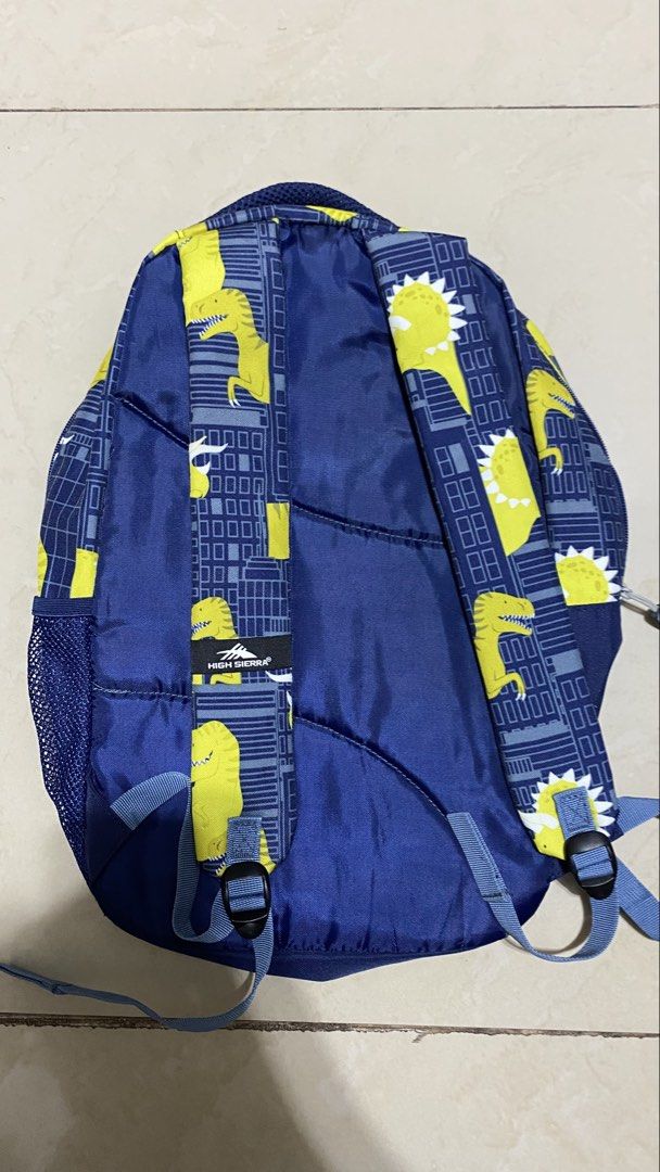 HIGH SIERRA KIDS BACKPACK - DINOSAUR PRINT (Category: Backpacks) located in Quezon City. Submitted by deleondan (Listing ID 1449411401, Image 2). Description: Features: - Spacious main compartment - Front zip pocket - Side mesh pockets for water bottle - Adjustable padded shoulder straps - Lightweight and durable Condition: - Good used condition - All zippers are functional - One zipper is missing its pull tab (zipper hook), but the zipper still 