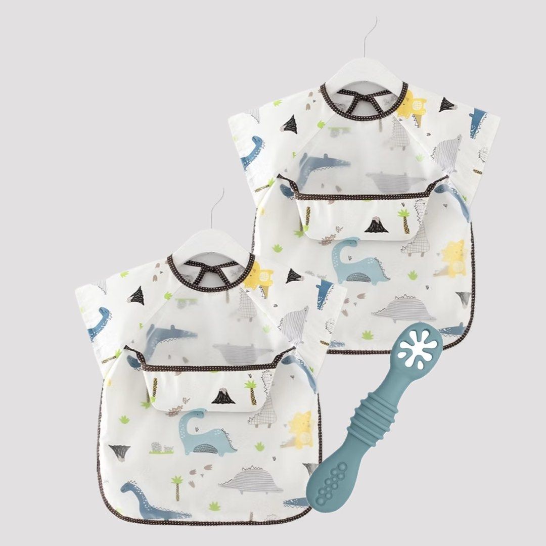 Hoshi Baby Waterproof Bibs + Training Spoon (Category: Weaning & Toddler Feeding) located in Manila. Submitted by ayelzy (Listing ID 1449425373, Image 1). Description: Bib: - Adorable dino-print feeding set perfect for your little one. - Includes two waterproof bibs with convenient crumb catchers. - Bibs feature short sleeves and are easy to wipe clean. - Ensures mealtime protection and makes feeding easier. Training spoon: - Hoshi Baby double-si