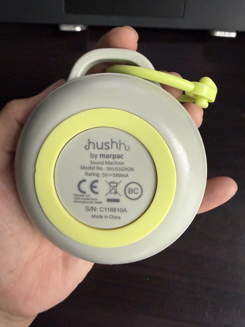 Hushh by Marpac Sound Machine (Category: Soundbars, Speakers & Amplifiers) located in Paranaque City. Submitted by bratty.20 (Listing ID 1449445204, Image 3). Description: - Hushh portable sound machine - Aids in achieving better sleep - Offers multiple sound options - Adjustable volume control - Convenient loop for portability - Ideal for babies and adults needing white noise - Tested and confirmed working.