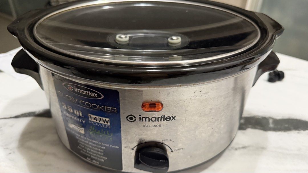 Imarflex Slow Cooker ISC-350S 3.5L 147W (Category: Cookers) located in Manila. Submitted by swifttiger-62468d (Listing ID 1449469266, Image 1). Description: • 147W Power • 3.5 Liter Capacity • 3 Heat Settings (Low, High & Warm) • Stainless Steel Body & Handles • Tempered Glass Cover • Anti-slip Rubber Footing • Removable Inner Pot for Easy Cleaning • Ideal for Soups, Stews, and Roasts No issues In good working condition.