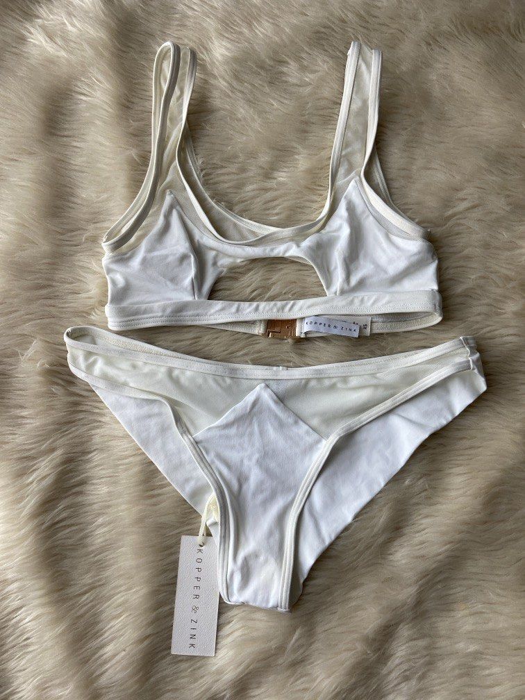Kipper & Zink white 2-piece bikini set (Category: Activewear) located in Pasig City. Submitted by sandace (Listing ID 1449327526, Image 1). Description: Authentic BNWT Top size XS Bottom size S.