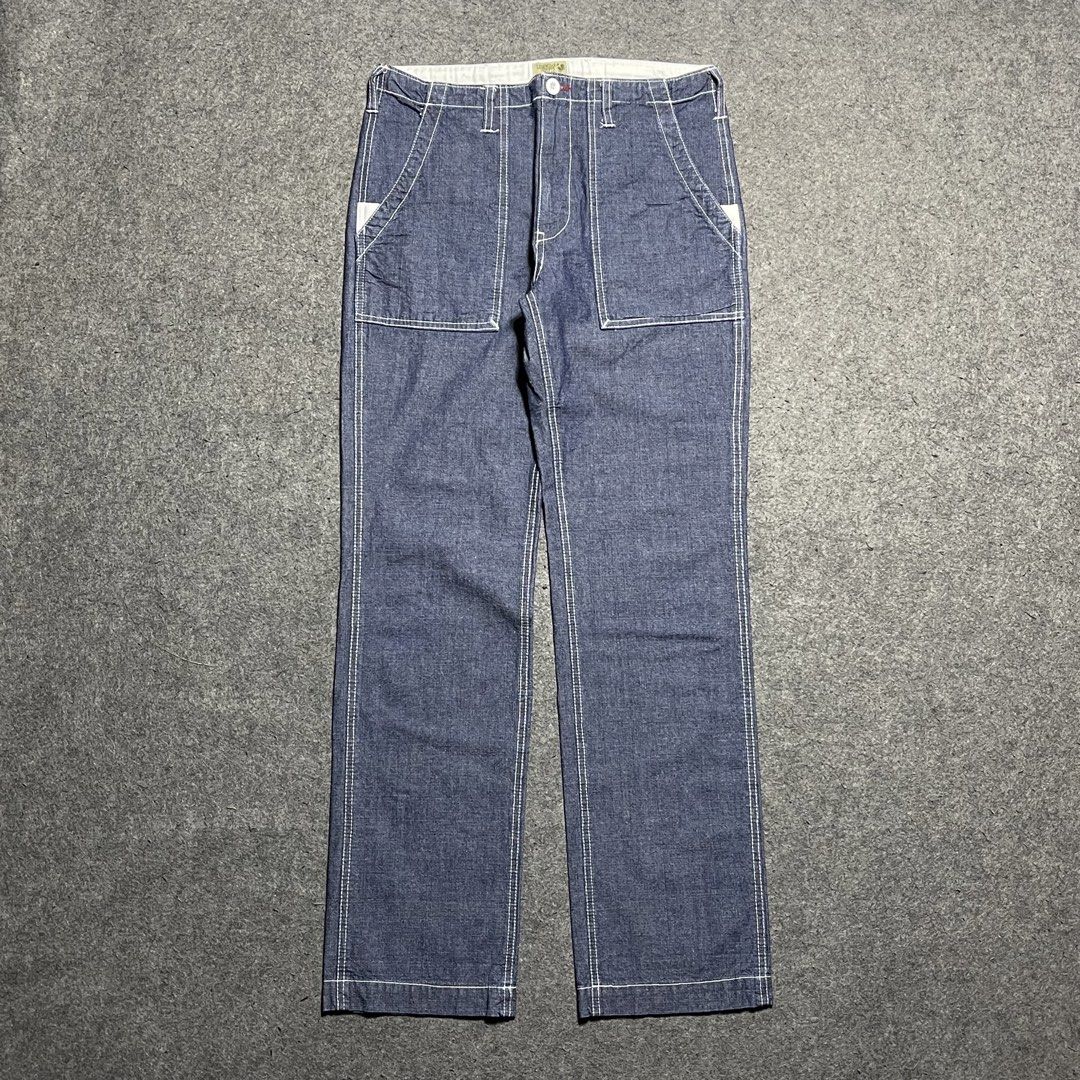 Legendar Outfit Indigo Baker Pants (Category: Trousers) located in Zamboanga. Submitted by rag_20 (Listing ID 1449516945, Image 1). Description: Legendar Outfit Indigo Baker Pants Features classic, squared-off front utility patch pockets typical of fatigue styles, along with reinforced side tool pocket insertions, Finished with bold, white triple-needle contrast topstitching across the main seams for added structural durability.Crafted from textu