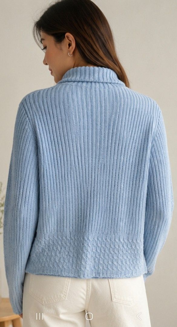 Debbie Morgan Light Blue Ribbed Turtleneck Sweater (Category: Longsleeves) located in Mandaluyong City. Submitted by daisydlopez (Listing ID 1449533136, Image 2). Description: - Cozy light blue sweater - Ribbed knit with textured hem detail - Long sleeves, perfect for layering - Soft and comfortable material.