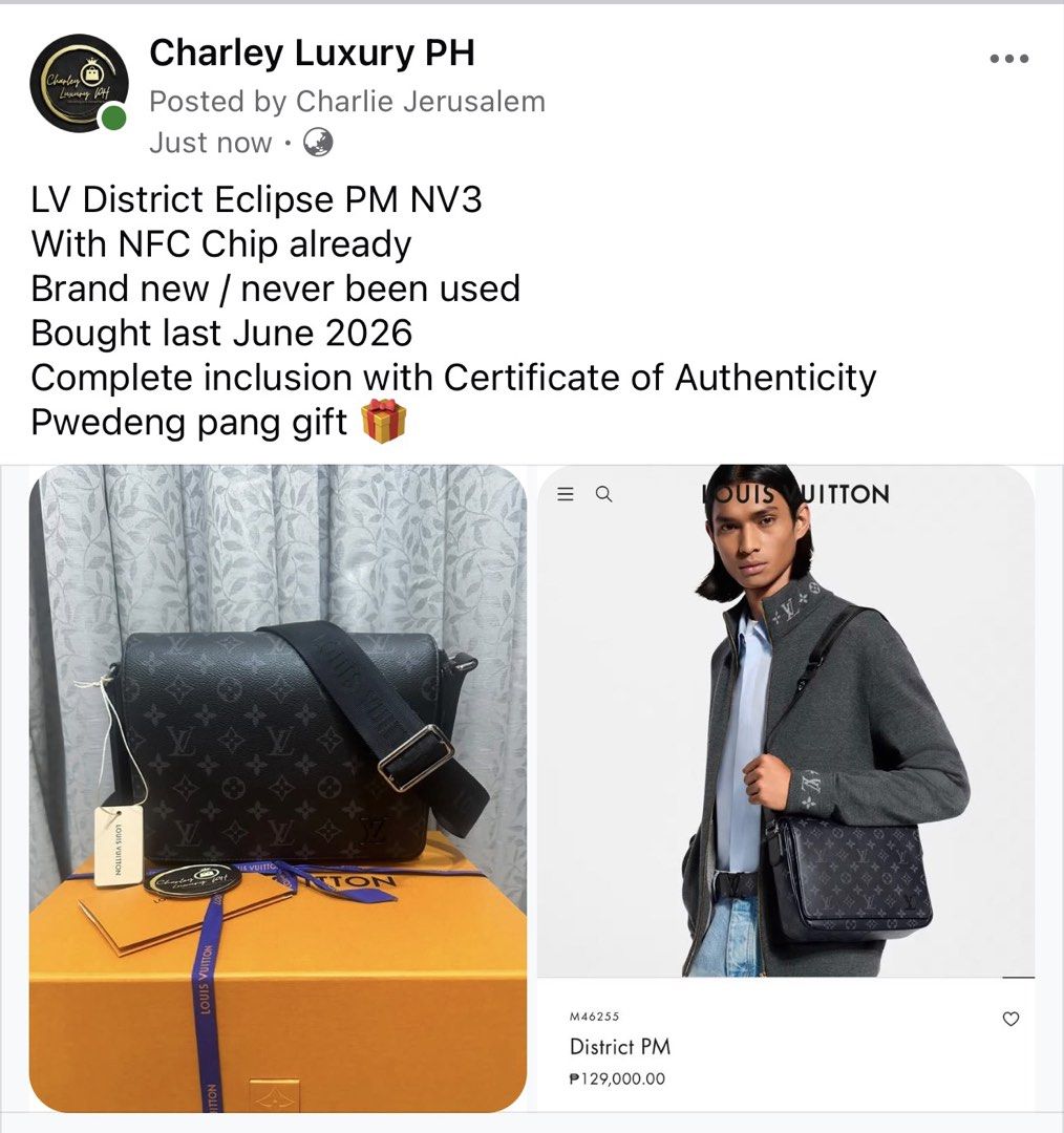 Louis Vuitton District Eclipse PM NV3 Bag (Category: Luxury Bags & Wallets) located in Malabon City. Submitted by charleyluxuryph (Listing ID 1449517580, Image 1). Description: - Brand new Louis Vuitton District Eclipse PM NV3 - Features NFC chip for authenticity verification - Purchased in June 2026 - Comes with complete original packaging and inclusions - Includes Certificate of Authenticity (COA) - Makes an excellent gift idea.