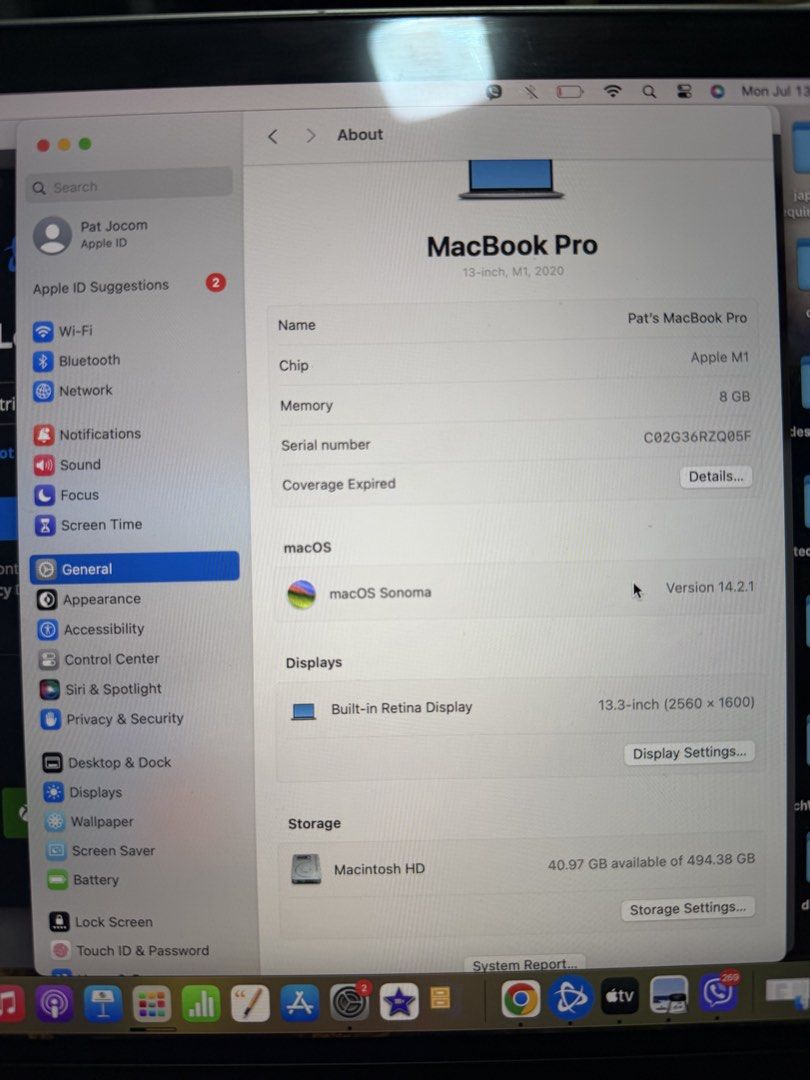 Mac book pro m1 512gb lightly used (Category: Laptops & Notebooks) located in Quezon City. Submitted by pjocs (Listing ID 1449433275, Image 2). Description: Selling my macbook pro m1 512gb 87% battery health Bought in powermac alabang. Complete with receipts. Never been opened or repaired. Rfs: bought a pc. Used only for crypto during 2022-2024. .