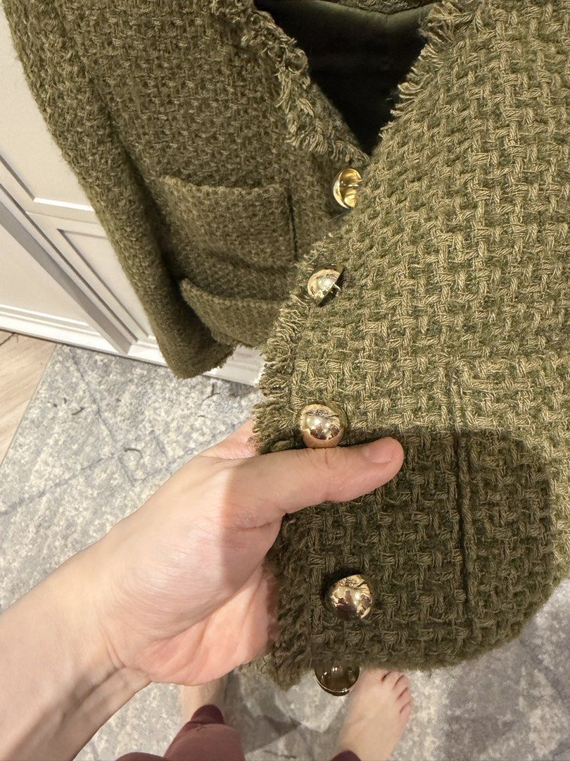 Mango Green Tweed Cropped Jacket with Gold Buttons (Category: Coats, Jackets and Outerwear) located in San Juan City. Submitted by closetsale28 (Listing ID 1449453728, Image 3). Description: - MNG Green Tweed Cropped Jacket - Frayed hem and cuffs for a trendy look - Four functional front pockets - Elegant gold button details - Fully lined for comfort - Proudly made in Morocco - Perfect for dressing up or down.
