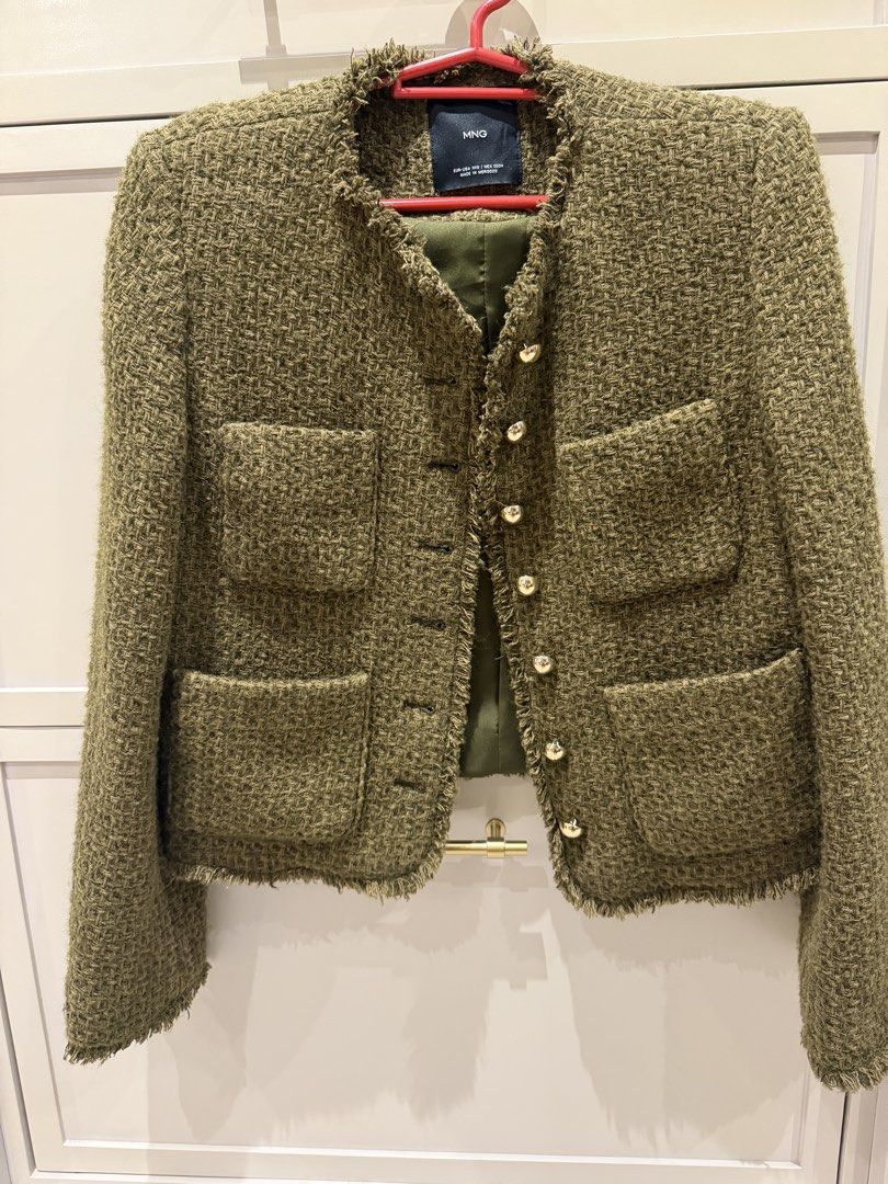 Mango Green Tweed Cropped Jacket with Gold Buttons (Category: Coats, Jackets and Outerwear) located in San Juan City. Submitted by closetsale28 (Listing ID 1449453728, Image 1). Description: - MNG Green Tweed Cropped Jacket - Frayed hem and cuffs for a trendy look - Four functional front pockets - Elegant gold button details - Fully lined for comfort - Proudly made in Morocco - Perfect for dressing up or down.