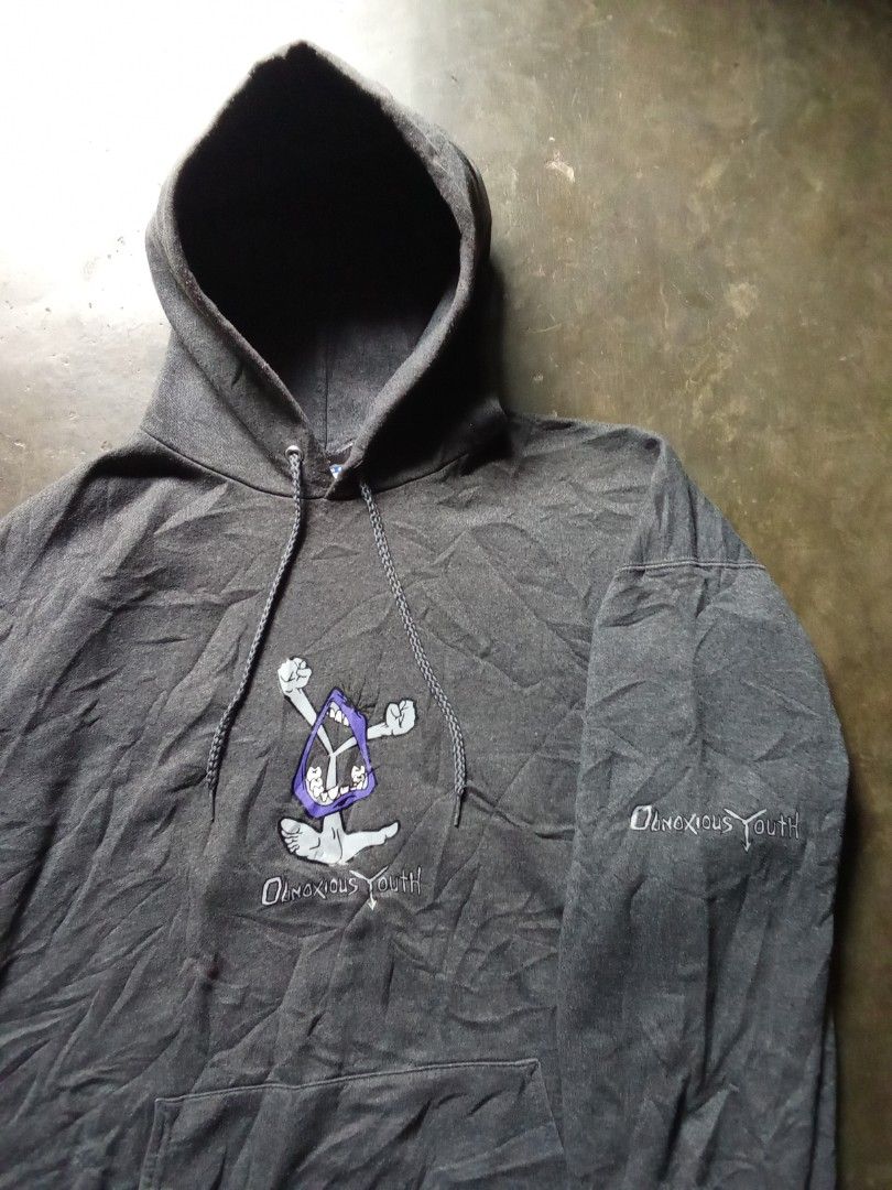 Oinxious Youth Band Hoddie (Category: Coats, Jackets and Outerwear) located in Polomolok. Submitted by timog_high_ice (Listing ID 1449418626, Image 2). Description: - Dark grey hoodie - 'Oinxious Youth' graphic on chest and sleeve - Made with Hanes Ultimate Cotton - Drawstring hood - Front pocket - Ideal for casual wear Pang Gig mo idol 🫶.