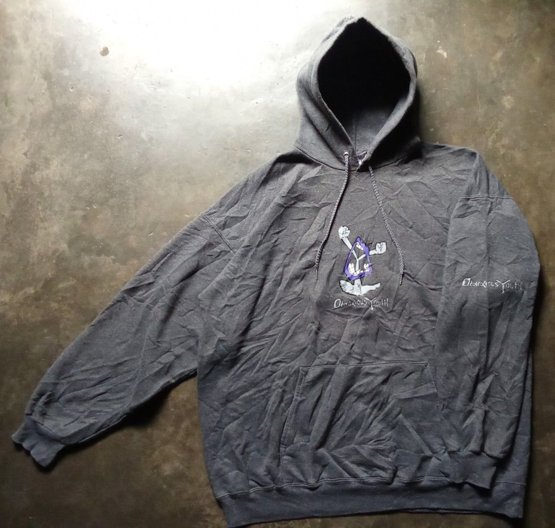 Oinxious Youth Band Hoddie (Category: Coats, Jackets and Outerwear) located in Polomolok. Submitted by timog_high_ice (Listing ID 1449418626, Image 1). Description: - Dark grey hoodie - 'Oinxious Youth' graphic on chest and sleeve - Made with Hanes Ultimate Cotton - Drawstring hood - Front pocket - Ideal for casual wear Pang Gig mo idol 🫶.