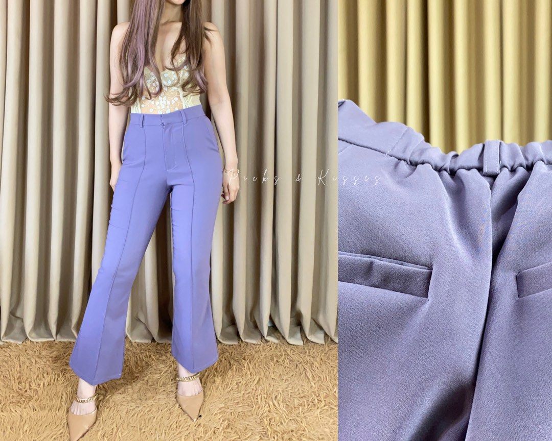 Pastel Purple Tailored Flare Pants (Category: Other Bottoms) located in Quezon City. Submitted by picksandkisses.2nd (Listing ID 1449367091, Image 1). Description: — For casual/semi-formal office wear — Very cutesy 💜💗 Measurement (laid flat) W: 26” L: 37”.