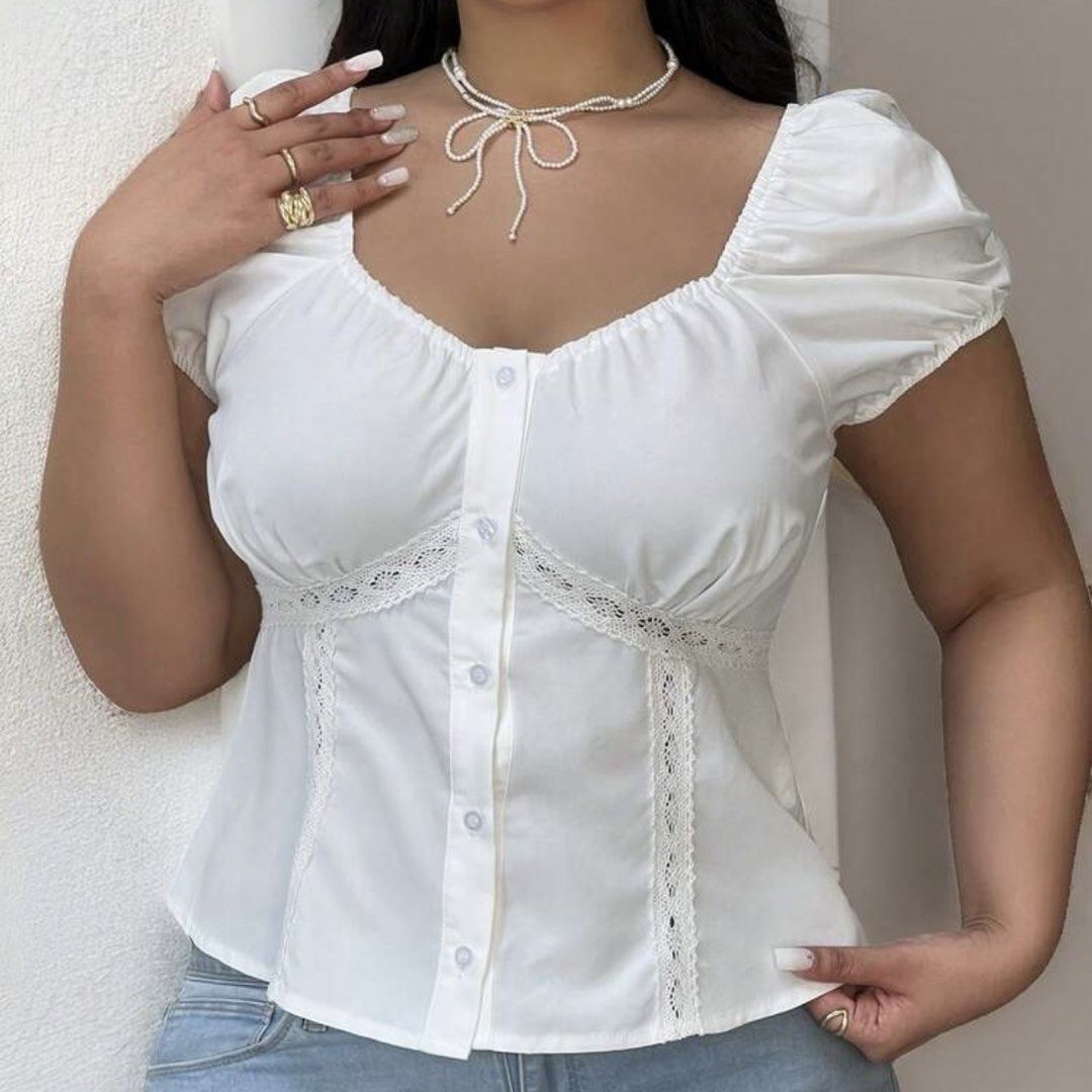 PLUS SIZE Puff Sleeve White Lace Trim Button Blouse Top (Category: Blouses) located in Taytay. Submitted by ruicervitillo (Listing ID 1449475500, Image 2). Description: ⭐️ Condition: 10/10 (Like new) ❄️ Selling it half the price - used once on our prenup shoot ✅ My size is 42B 38W 5’3”H and fits me well. Recommending it to size 42B to 44B.