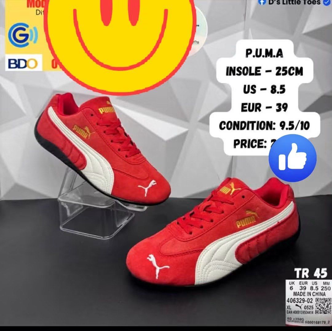 Puma Red Suede Shoes US 8.5 (Category: Sneakers) located in Manila. Submitted by mylagopez84323 (Listing ID 1449329211, Image 1). Description: - Authentic Red Puma Shoes - Suede material with white accents - Insole length: 25cm - US Size: 8.5 - EUR Size: 39 - Made in China - Excellent, barely worn condition.