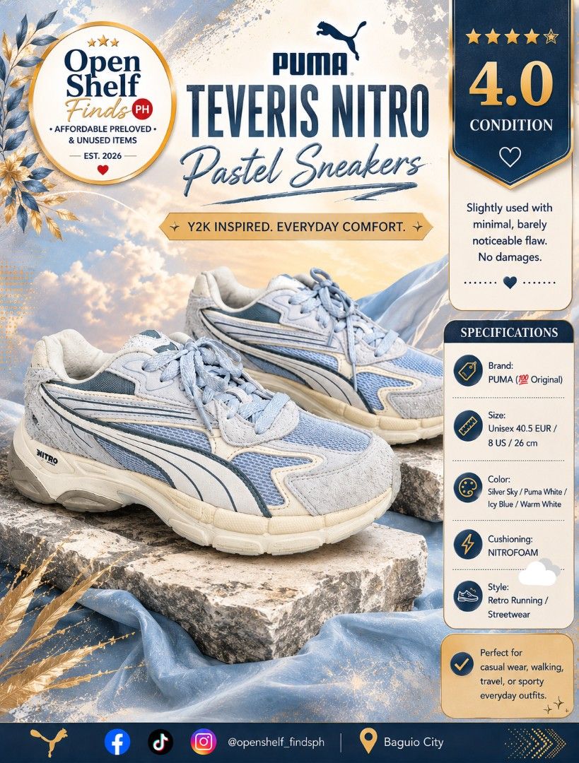 Puma Teveris Nitro Pastel Sneakers (Category: Sneakers) located in Baguio. Submitted by openshelf_findsph (Listing ID 1449473971, Image 1). Description: ‼️PLEASE READ 😊 Brand: PUMA (💯 Original) Condition: Slightly used with minimal, barely noticeable flaw. No damages. ✨️ Size: 40.5 EUR / 8 US / 26 cm ✨️ Color: Silver Sky / Puma White / Icy Blue / Warm White ✨️ Stylish Y2K-inspired sneakers influenced by early 2000s running aesthetics, combining