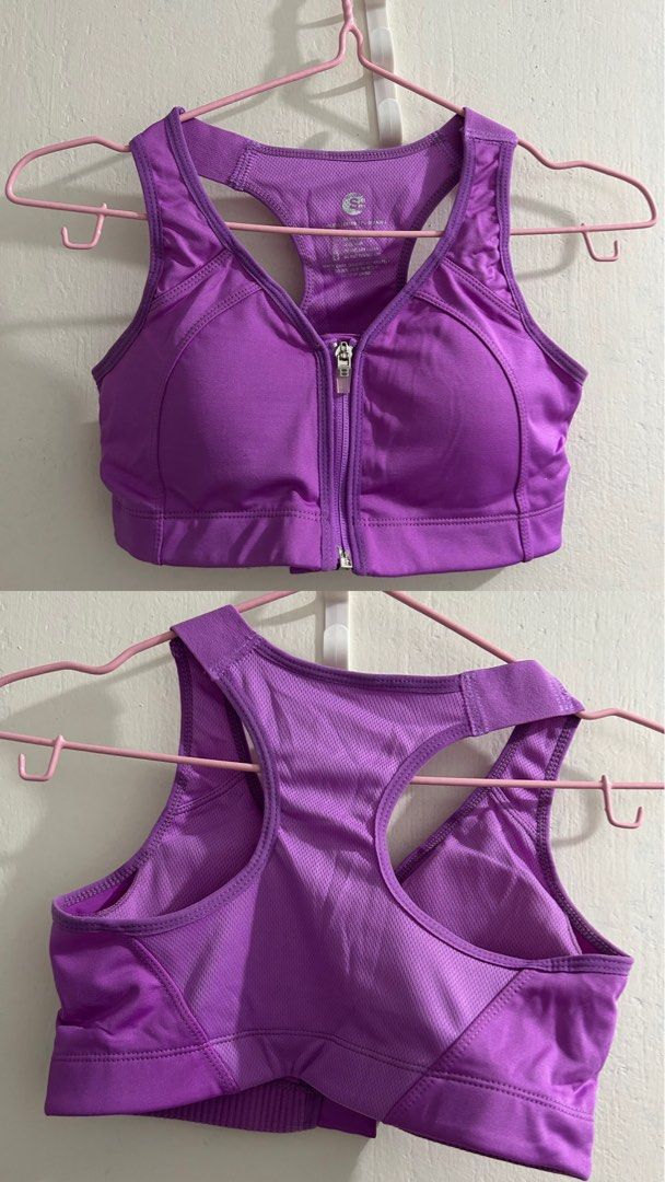 Purple Front Zip Sports Bra (Category: Activewear) located in Manila. Submitted by yzuhlle (Listing ID 1449451867, Image 1). Description: Purple sports bra with front zipper and racerback. Features mesh back for breathability. Perfect for workouts and daily wear. Rfs: decluttering, additional funds for my dad’s angiogram.