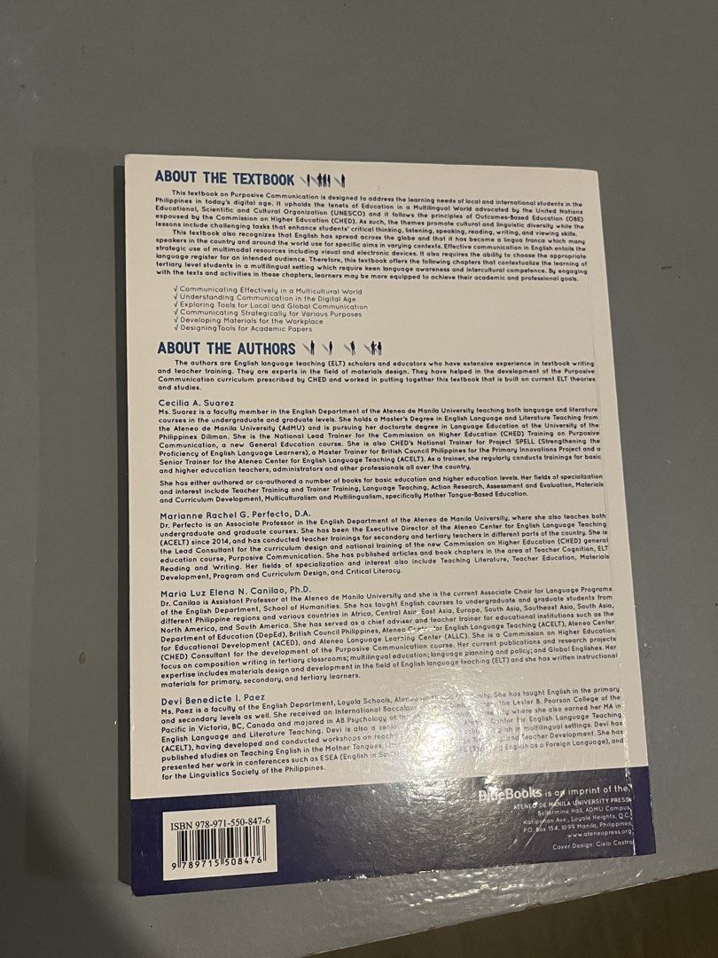 Purposive Communication in English Book (Category: Textbooks) located in Paranaque City. Submitted by andiesarchives (Listing ID 1449482119, Image 3). Description: For first year students, especially in ADMU:).