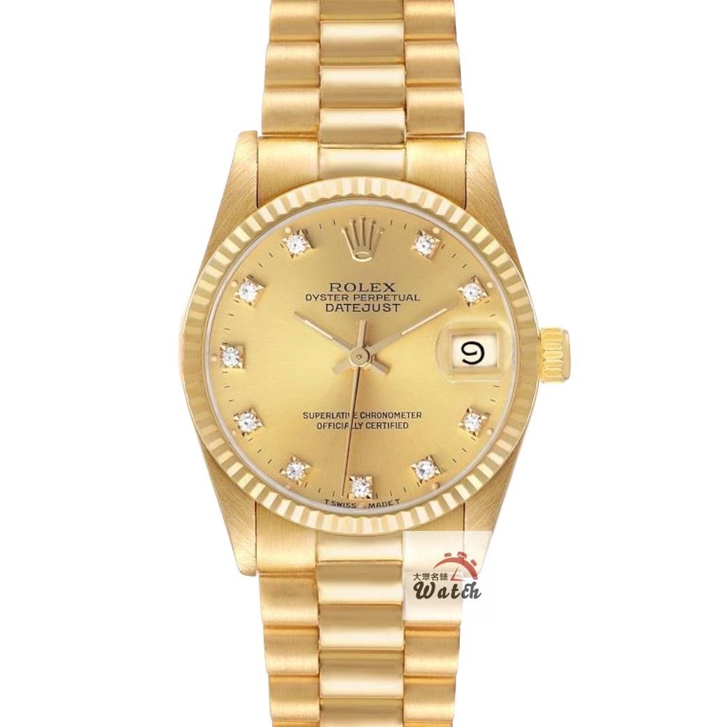 由 tcpawn7788 (刊登 ID 1449340053，圖片 1) 提交，位於 高雄市 (Kaohsiung) 的 【大眾名錶】ROLEX勞力士68278 Datejust 蠔式女錶 中型18K 金色十鑽面盤 錶徑31mm 大眾名錶B1459 (類別：手錶)，說明：【大眾名錶】ROLEX勞力士68278 Datejust 蠔式女錶 中型18K 金色十鑽面盤 錶徑31mm 自動上鍊 18K金材質 防水100米 L字頭 缺證書 原廠盒裝 保養完成。
