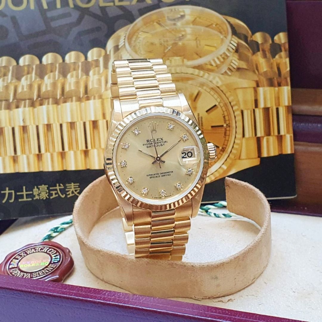 由 tcpawn7788 (刊登 ID 1449340053，圖片 3) 提交，位於 高雄市 (Kaohsiung) 的 【大眾名錶】ROLEX勞力士68278 Datejust 蠔式女錶 中型18K 金色十鑽面盤 錶徑31mm 大眾名錶B1459 (類別：手錶)，說明：【大眾名錶】ROLEX勞力士68278 Datejust 蠔式女錶 中型18K 金色十鑽面盤 錶徑31mm 自動上鍊 18K金材質 防水100米 L字頭 缺證書 原廠盒裝 保養完成。