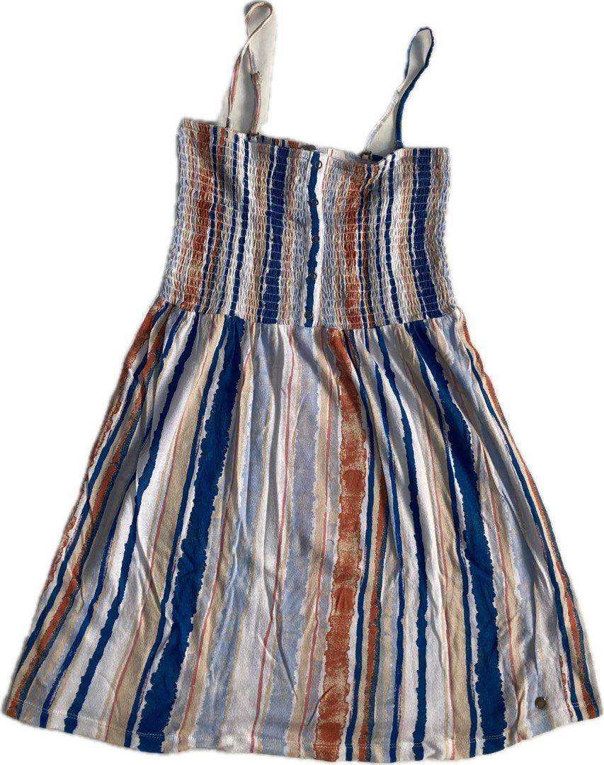 Roxy Striped Smocked Sundress (Category: Dresses) located in Pasig City. Submitted by billie.loved (Listing ID 1449515226, Image 1). Description: Cute sundress with smocked bodice and a beachy color palette (blue, rust, beige) Flattering fit for small bust Bust 24-31 Waist 25-35 Length 34 DM for inquiries.