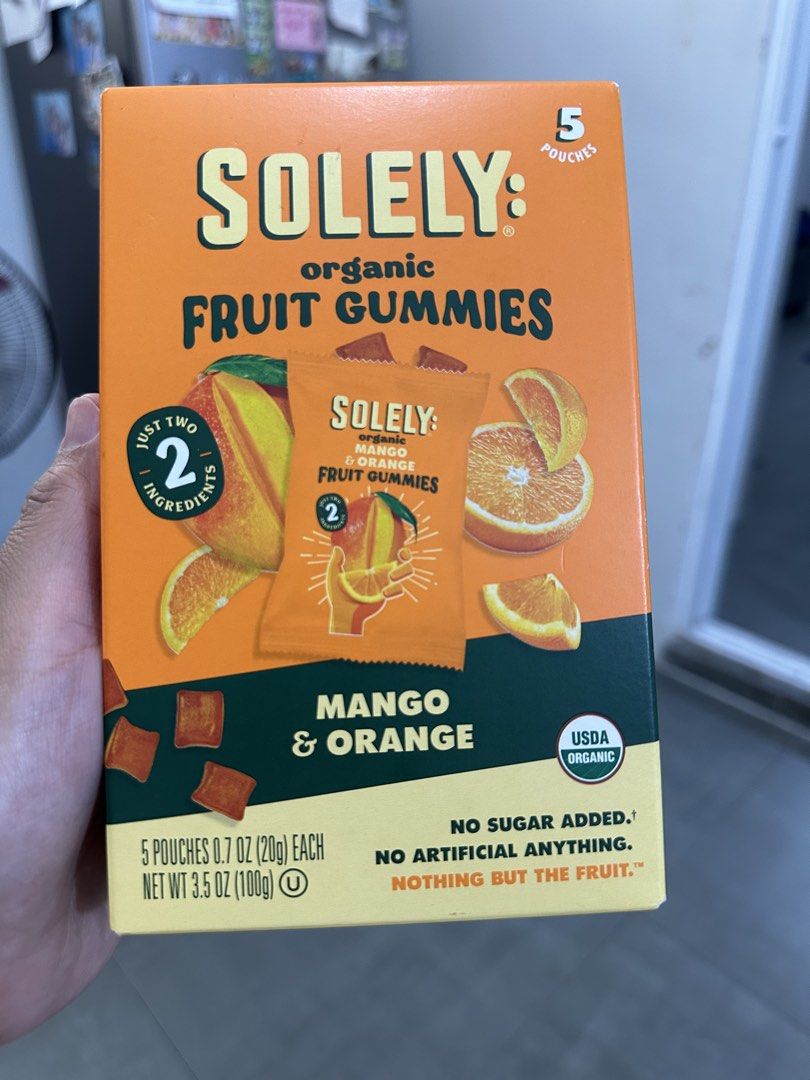 Solely Organic Fruit Gummies Mango & Orange 5 Pouches (Category: Other Food & Drinks) located in Cavite. Submitted by emeged (Listing ID 1449533181, Image 1). Description: - 100% Organic Fruit Gummies - Delicious Mango & Orange Flavors - Made with Just 2 Simple Ingredients - No Added Sugar - No Artificial Flavors or Colors - Each Pouch: 0.7 oz (20g) - Total Net Weight: 3.5 oz (100g) - Pack includes 5 pouches - Best if Used By: 01/14/2027.