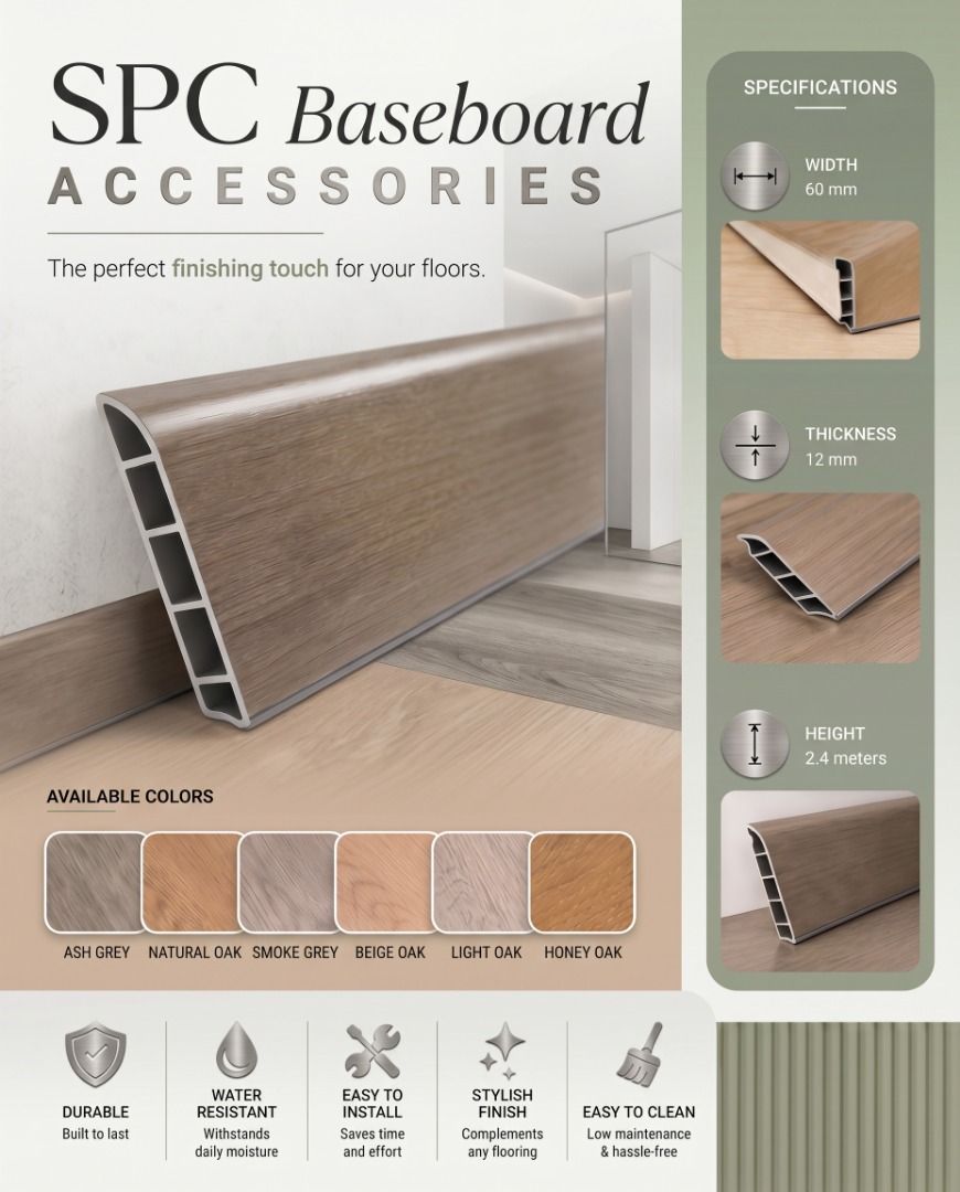 SPC FLOORING - BASEBOARD (Category: Home Improvement Tools & Accessories) located in Paranaque City. Submitted by paolo.dreamdepot (Listing ID 1449384844, Image 1). Description: ✨ Add the Perfect Finishing Touch to Your Floors! ✨ **SPC Flooring Baseboard** enhances the beauty of your space while providing protection between your flooring and walls. Designed to create a clean, seamless look, it completes your flooring installation with a professio