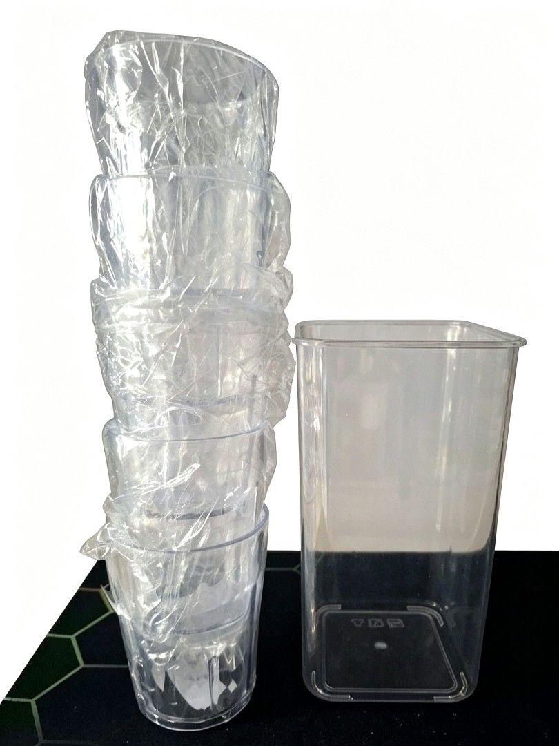 Stackable Clear Plastic Cups and Square Container Bundle (Category: Coffee & Tea Tableware) located in Quezon City. Submitted by ana-chan (Listing ID 1449345309, Image 1). Description: Set of clear plastic cups (individually wrapped) and a sturdy square container. Perfect for parties, events, or organizing small items..