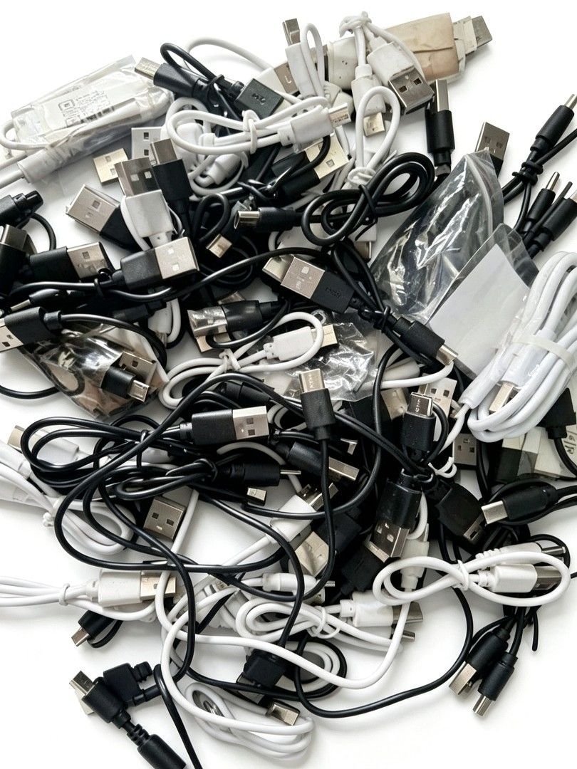 Take all USB Charging Cables usb ios type-c (Category: Chargers & Cables) located in Quezon City. Submitted by ana-chan (Listing ID 1449345703, Image 1). Description: Bundle of USB charging cables (USB-A, Micro USB, USB-C) and adapters. Mix of white and black. Perfect for spares or replacements. Sold as a lot..