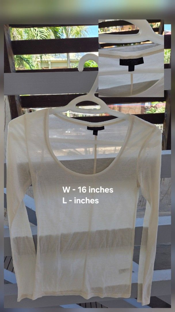 TOPSHOP White Sheer Long Sleeve Top (Category: Longsleeves) located in Quezon City. Submitted by sdp_enterprise (Listing ID 1449339268, Image 1). Description: - White sheer long sleeve top - Brand: Topshop - Neckline: Scoop neck - Width: 16 inches - Fabric: Lightweight and airy - Style: Great for layering or wearing on its own, perfect for a casual look.