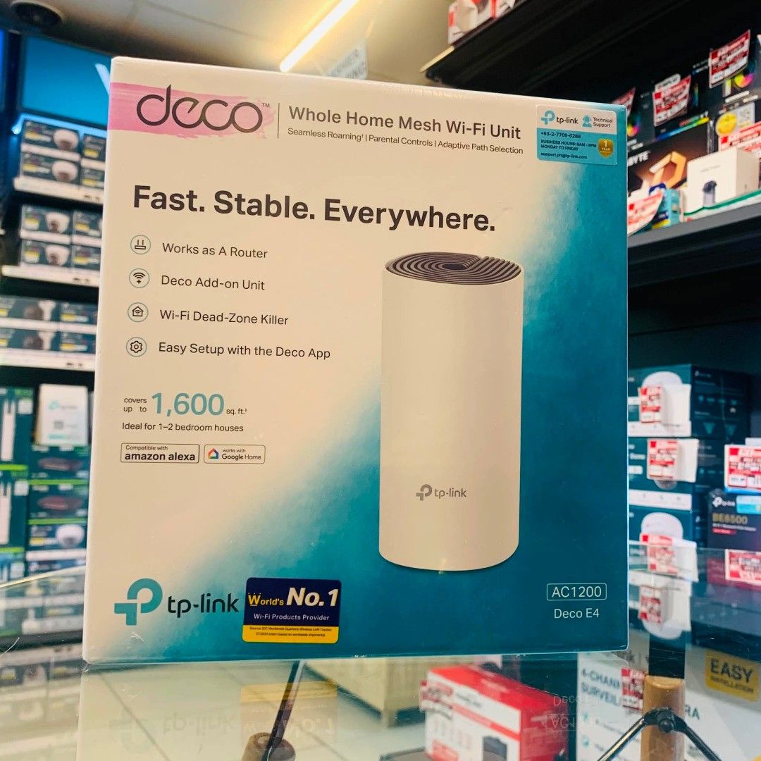 TP-Link Deco E4 AC1200 Whole Home Mesh WiFi System 1PACK (Category: Networking) located in Makati City. Submitted by gogadgets.charlene (Listing ID 1449431186, Image 1). Description: Deco E4(1-pack) TP-Link Deco E4 AC1200 Whole Home Mesh WiFi System 1PACK ☑BRANDNEW,ORIGINAL & SEALED 📍STORE LOCATION: -Evangelista St. Makati City -Kawit Cavite PM FOR ORDERS AND INQUIRIES!😊.