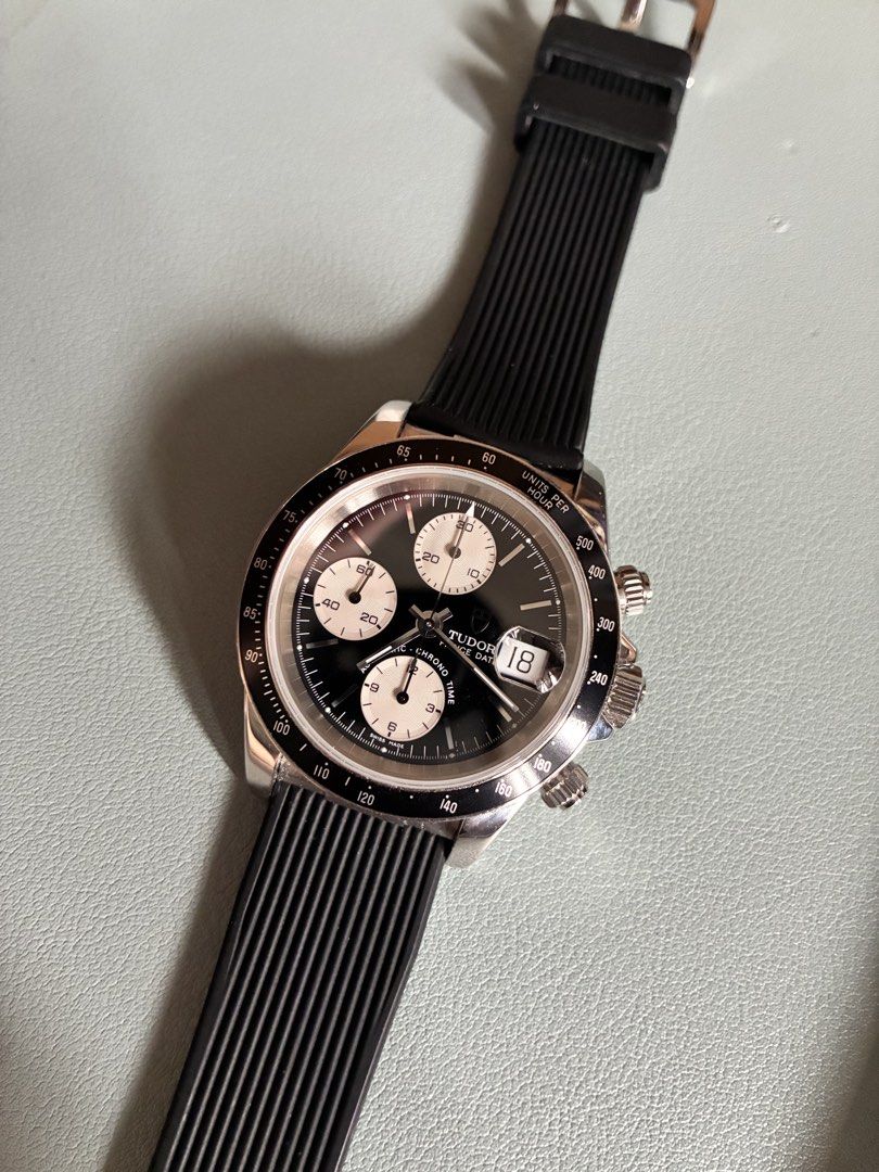 Tudor Black Bay Chrono "reverse Panda" Watch (Category: Luxury Watches) located in Makati City. Submitted by dailyticker (Listing ID 1449464831, Image 2). Description: TUDOR PRINCE DATE CHRONOGRAPH — “PRE-TIGER” REVERSE PANDA ⌚ Rare vintage-inspired piece for the serious Tudor collector. The Details: ✅ Automatic Chrono Time movement (Valjoux/ETA 7750 base) ✅ Reverse Panda dial (black dial, white subdials) ✅ Tachymeter bezel — “Units Per Hour” ✅ D