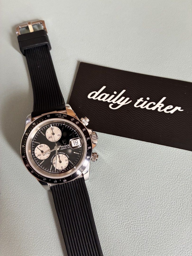 Tudor Black Bay Chrono "reverse Panda" Watch (Category: Luxury Watches) located in Makati City. Submitted by dailyticker (Listing ID 1449464831, Image 3). Description: TUDOR PRINCE DATE CHRONOGRAPH — “PRE-TIGER” REVERSE PANDA ⌚ Rare vintage-inspired piece for the serious Tudor collector. The Details: ✅ Automatic Chrono Time movement (Valjoux/ETA 7750 base) ✅ Reverse Panda dial (black dial, white subdials) ✅ Tachymeter bezel — “Units Per Hour” ✅ D