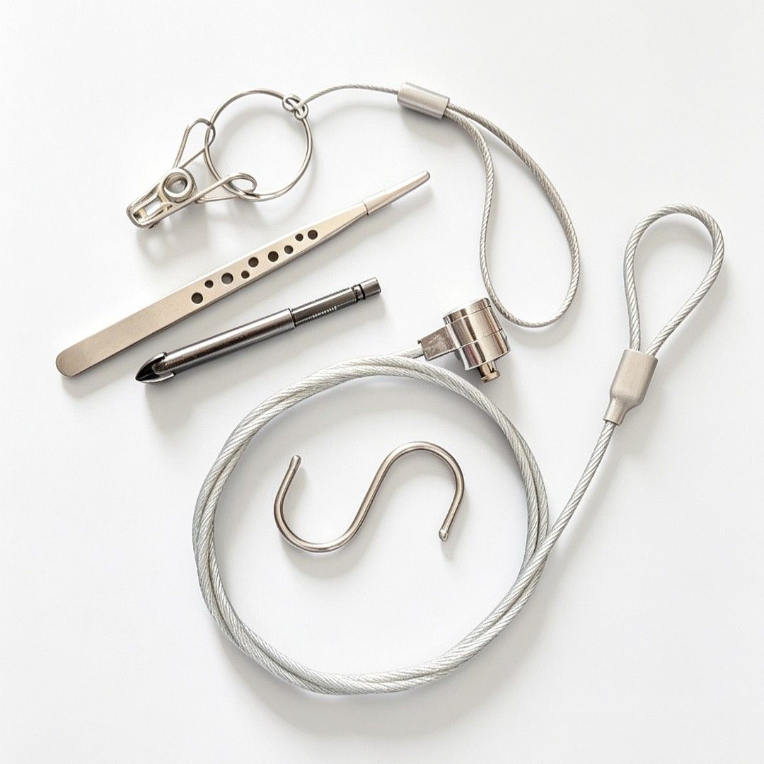 Wire Hanging Kit with S Hook and Tweezers Bundle (Category: Other Accessories) located in Quezon City. Submitted by ana-chan (Listing ID 1449345486, Image 1). Description: Secure hanging kit with wire rope, locking mechanism, S-hook, tweezers, and tool. All metal for durability. Perfect for art display..