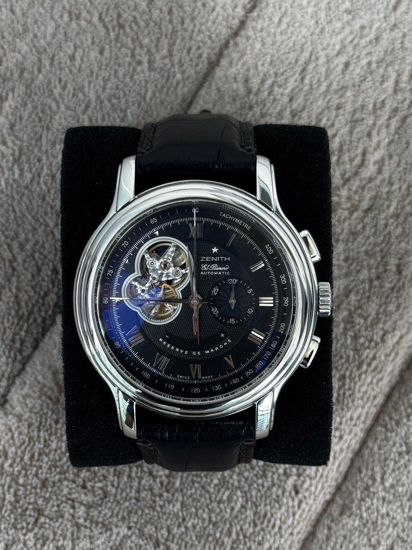 Zenith El Primero Chronograph "Réserve de Marche" Automatic Watch (Category: Men's Watches) located in Quezon City. Submitted by mjgorobat15 (Listing ID 1449357520, Image 3). Description: Zenith El Primero Chronomaster Open XXT •Reference No. 03.1260.4021 •Movement: In-house Zenith El Primero Caliber 4021 (Automatic) •Case diameter: 45mm •Scratch-resistant sapphire crystal •Sector power-reserve indicator at 6 o'clock ("Réserve de Marche") •Fresh 