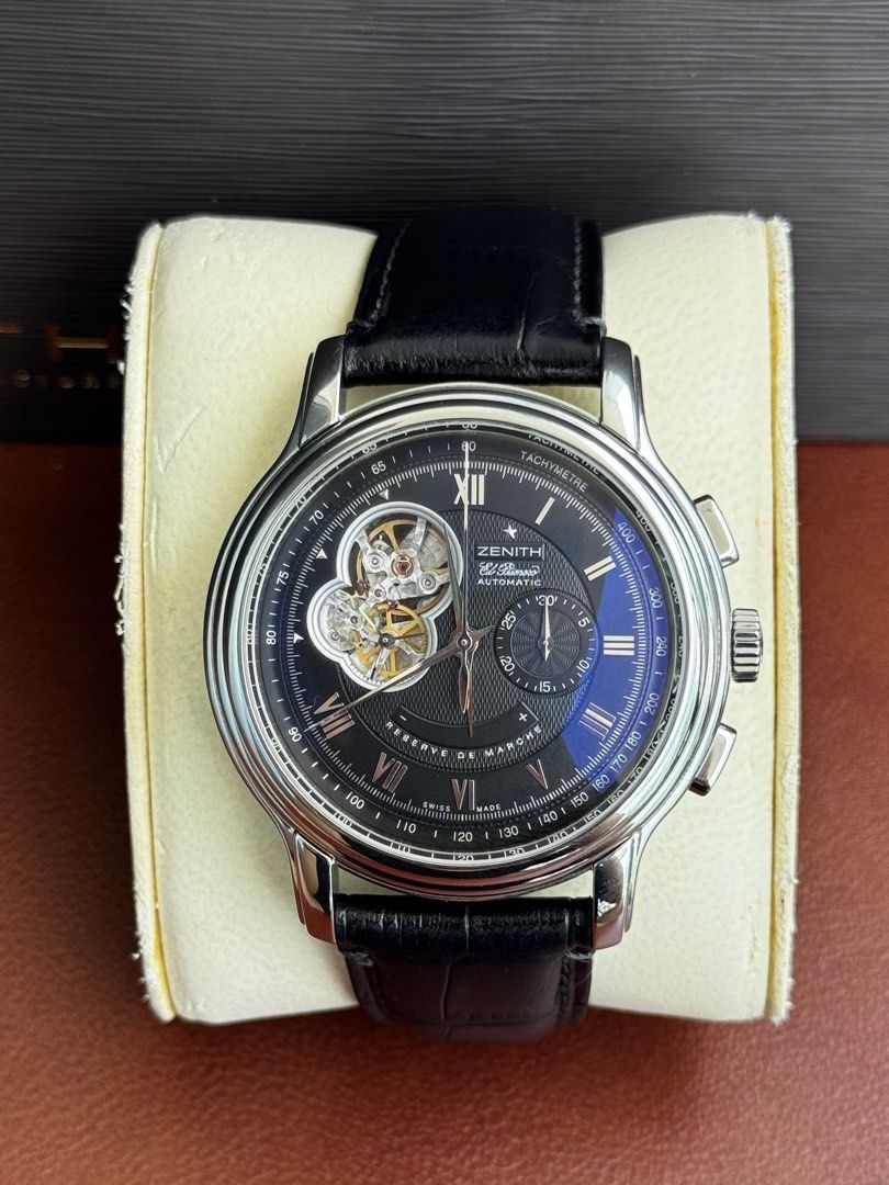 Zenith El Primero Chronograph "Réserve de Marche" Automatic Watch (Category: Men's Watches) located in Quezon City. Submitted by mjgorobat15 (Listing ID 1449357520, Image 1). Description: Zenith El Primero Chronomaster Open XXT •Reference No. 03.1260.4021 •Movement: In-house Zenith El Primero Caliber 4021 (Automatic) •Case diameter: 45mm •Scratch-resistant sapphire crystal •Sector power-reserve indicator at 6 o'clock ("Réserve de Marche") •Fresh 