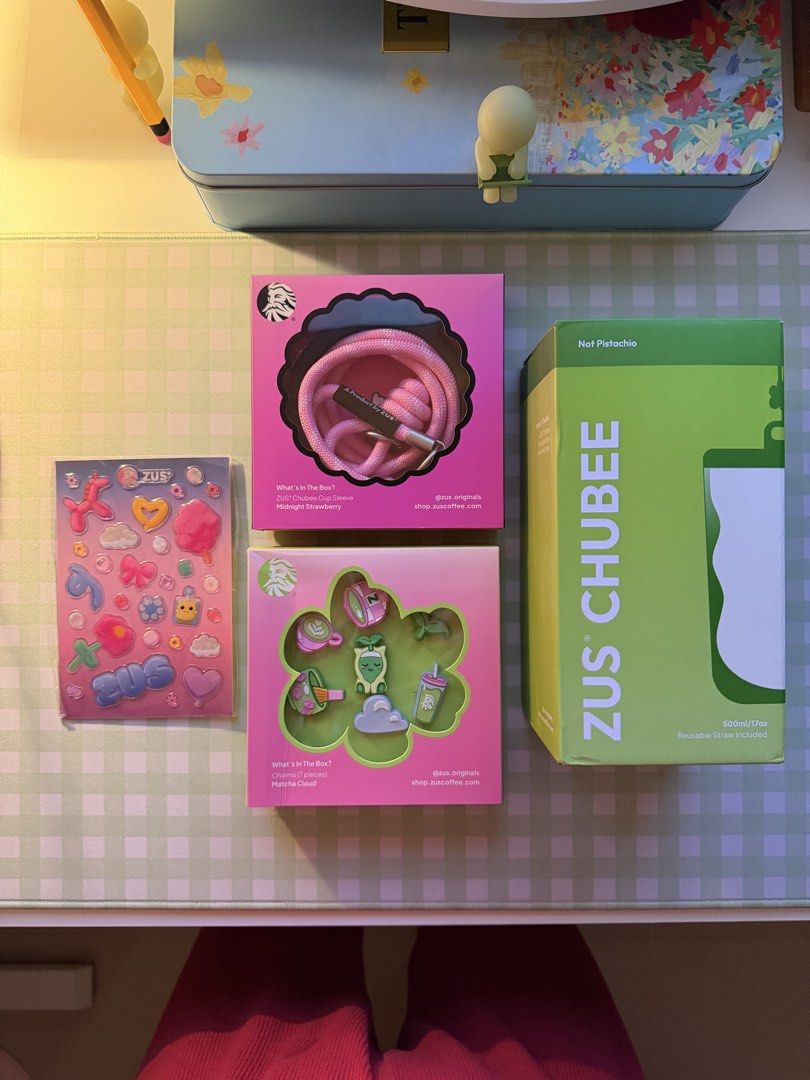 ZUS Chubee "Work is Play" Tumbler Set (Category: Water Bottles & Tumblers) located in Caloocan City. Submitted by notpatrizia (Listing ID 1449368776, Image 2). Description: Selling my complete ZUS Chubee “Work is Play” collection in the Not Pistachio colorway. Inclusions: - ZUS Chubee “Work is Play | Chubit It All” 500ml Tumbler (Not Pistachio) - Midnight Strawberry Chubee Cup Sleeve (Pink Rope Strap) - Matcha Cloud Charm Set (9-piece charms) - S