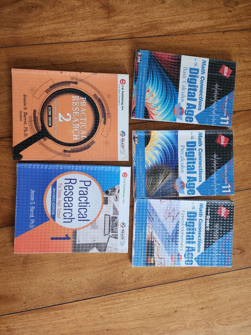 5 Text Books for Grade 11 (Category: Textbooks) located in Quezon City. Submitted by kristeenl556 (Listing ID 1449626453, Image 1). Description: - Grade 11 Textbook Set - Perfect for Senior High School students - Subjects included: Basic Calculus, Precalculus, General Mathematics - Practical Research 1 Revised Edition and 2 (Second Edition) - Publishers: SIBS and C&E Publishing, Inc. books are in super good condition. all 5 book for 1200peso.