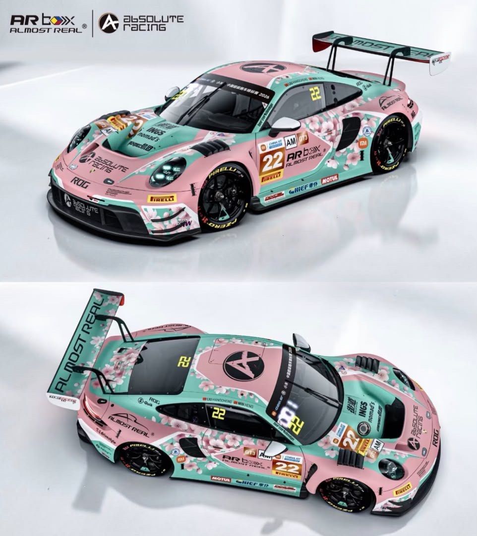 Almost Real 1:64 Porsche 911 GT3 R Miles of Peach 🍑 🇯🇵 (Category: Toys & Games) located in Kuala Lumpur. Submitted by jjblaze1401 (Listing ID 1449616129, Image 1). Description: - 1:64 scale model - Absolute Racing Porsche 911 GT3 R - Unique pink and teal cherry blossom livery.
