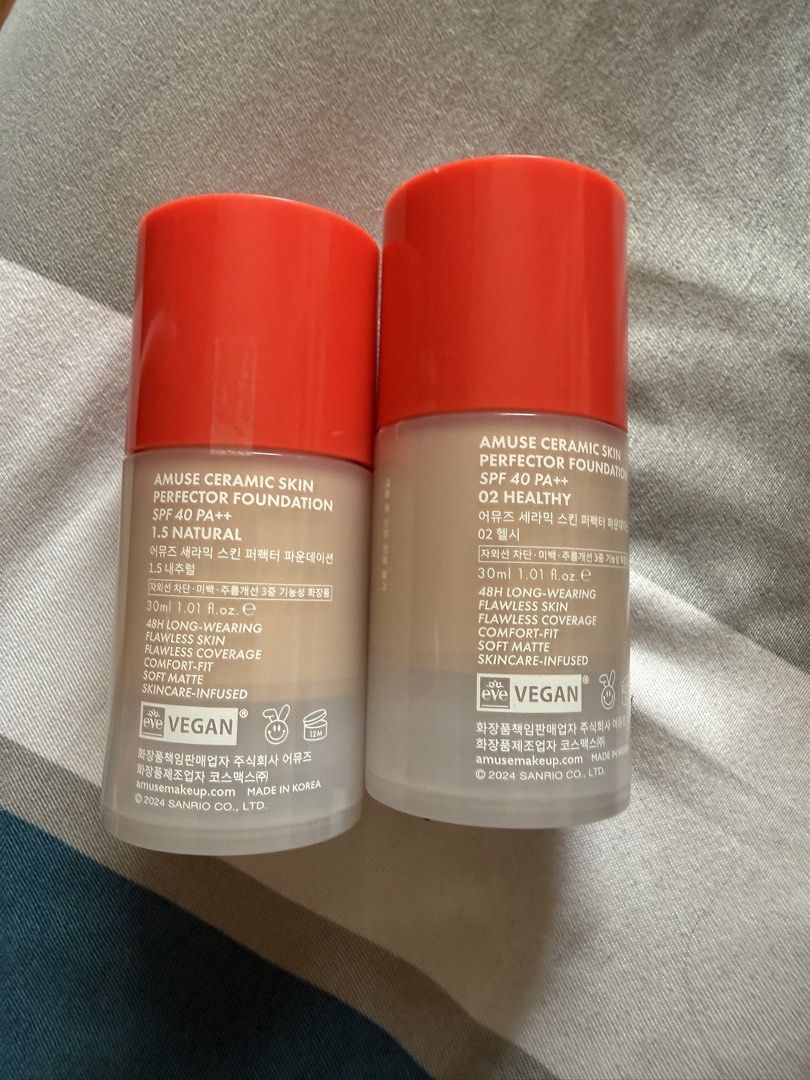 Amuse Ceramic Skin Perfector Foundation SPF 40 PA++ (Category: Makeup) located in Pasig City. Submitted by Andyglambeautyph (Listing ID 1449550126, Image 3). Description: - Amuse Ceramic Skin Perfector Foundation (2 bottles) - SPF 40 PA++ protection - Shades included: 1.5 Natural and 02 Healthy - Long-wearing, flawless coverage - Comfort-fit formula - Vegan and skincare-infused - Made in Korea 900 each.