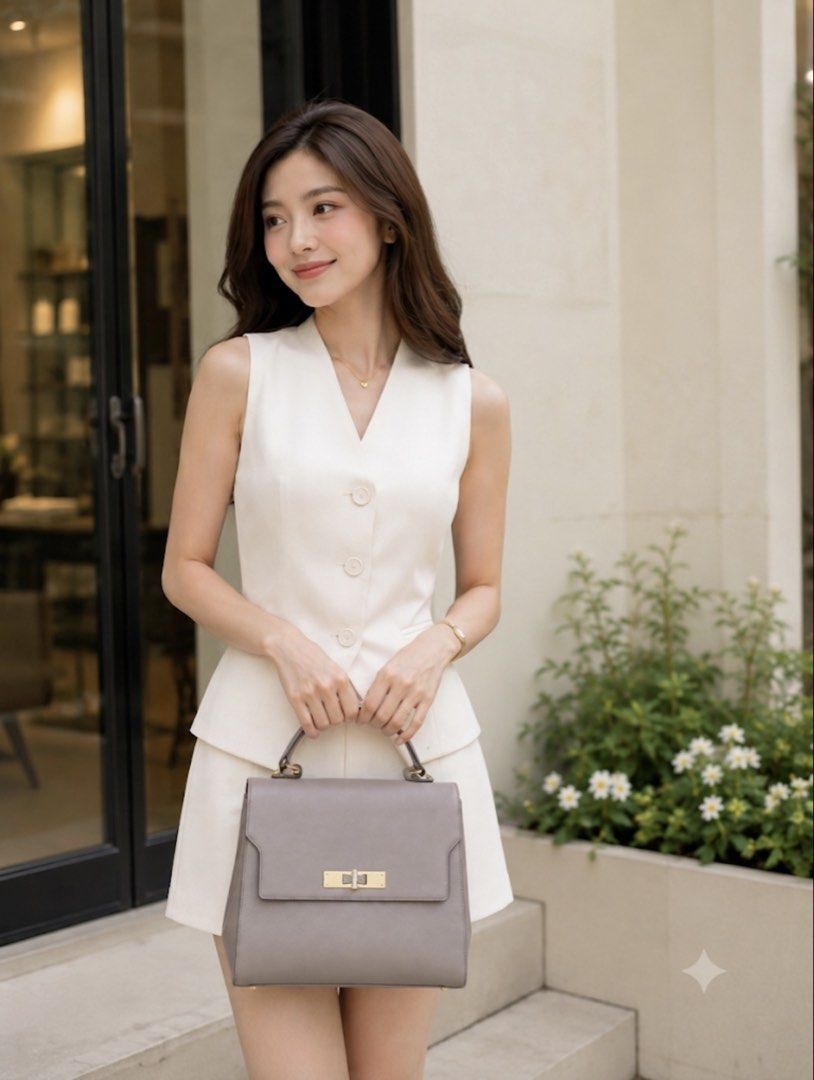 Authentic Lovcat Gray Top Handle Bag with Gold Clasp (Category: Luxury Bags & Wallets) located in Angeles City. Submitted by chicprelovedstuffs.owl (Listing ID 1442775133, Image 1). Description: FREE SHIPPING‼️‼️ Preloved Lovcat top handle bag Signs of use in hardware but no rubs, almost like new ang bag itself Perfect for office or special occasion Rfs: Decluttering Courier: J&T or LBC COP - Elegant grey top handle bag - Secure gold clasp closur
