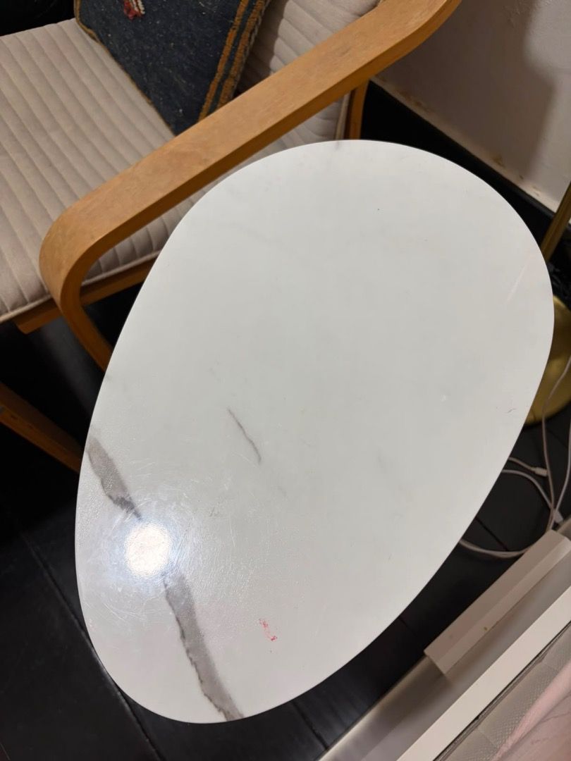 FREE Bedside table (Category: Tables & Sets) located in Singapore. Submitted by akinks (Listing ID 1449581994, Image 3). Description: A great space saver side table with adhesive bottom. A bit of a wobbly leg but just needs screws tightened. Slight stain as pictured (picture 3) Stylish bedside table with a white marble-effect top - Elegant gold metal base with a unique, space-saving design - Oval tabletop provides ample space for essentials - Add