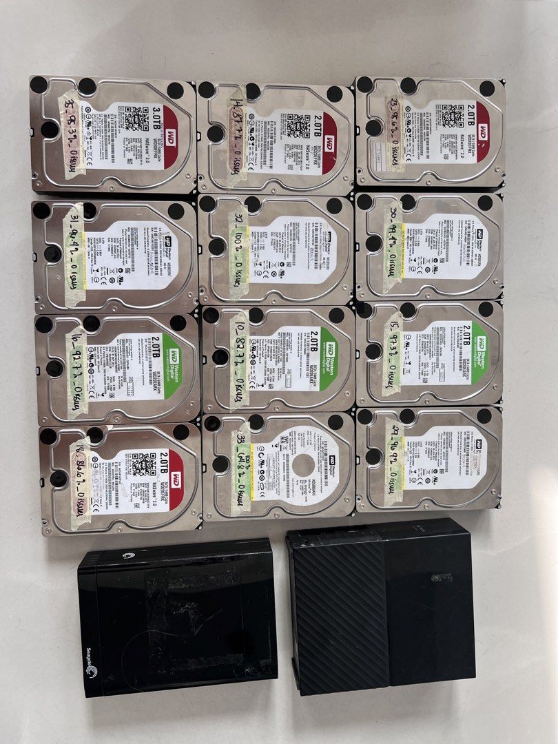 BULK LOT: Western Digital Internal HDDs + 2 External Drives (Category: Hard Disks & Thumbdrives) located in Quezon City. Submitted by johnsagui (Listing ID 1449574217, Image 1). Description: BULK LOT: Western Digital Internal HDDs + 2 External Drives — All Tested, 0 Issues Clearing out our office storage stack. All internal drives are individually tested and logged (hours + health noted on each unit) — no bad sectors, no issues found. Great for N