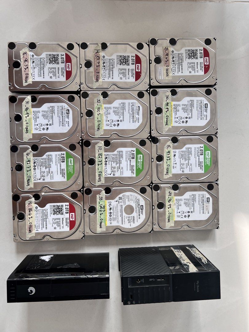 BULK LOT: Western Digital Internal HDDs + 2 External Drives (Category: Hard Disks & Thumbdrives) located in Quezon City. Submitted by johnsagui (Listing ID 1449574217, Image 2). Description: BULK LOT: Western Digital Internal HDDs + 2 External Drives — All Tested, 0 Issues Clearing out our office storage stack. All internal drives are individually tested and logged (hours + health noted on each unit) — no bad sectors, no issues found. Great for N